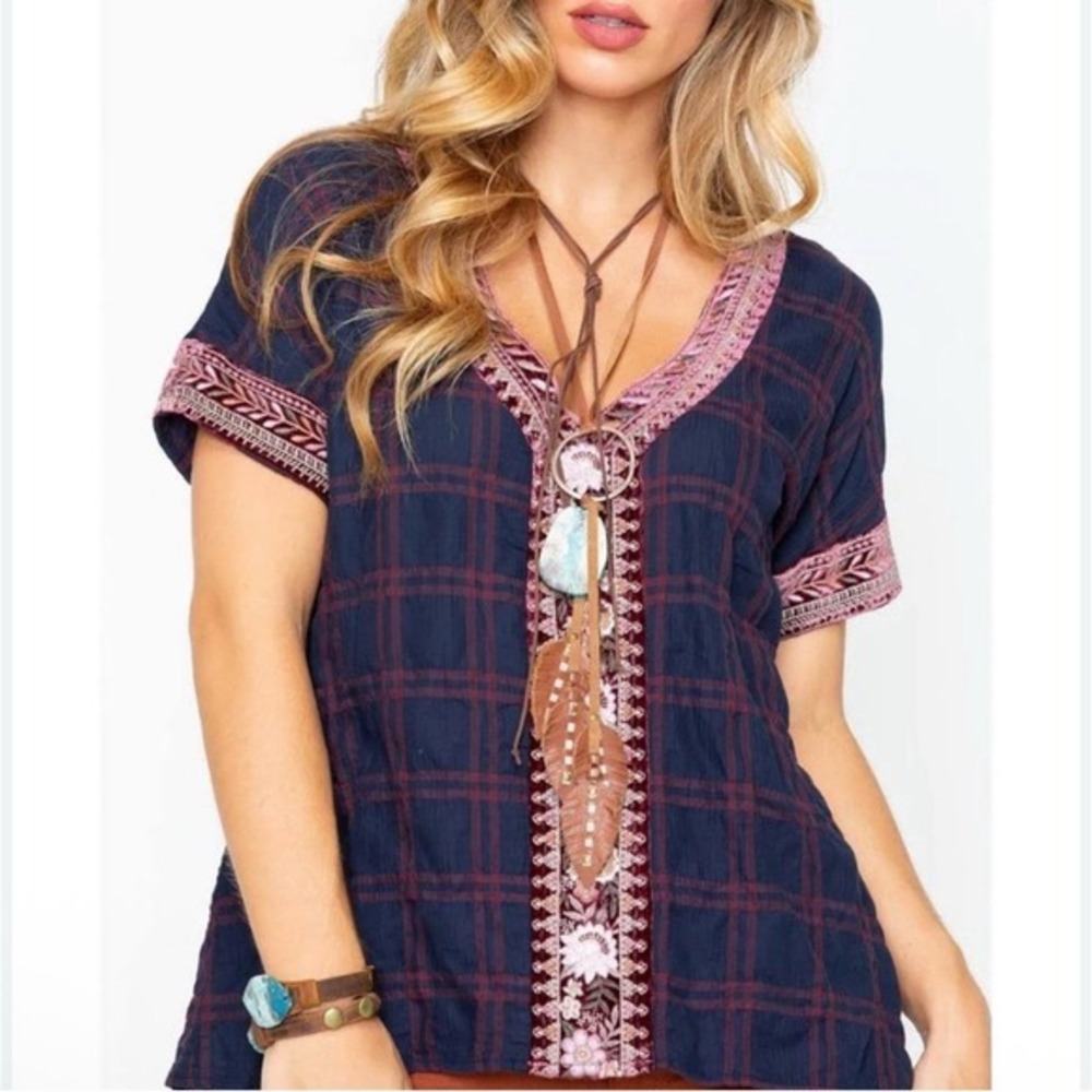 Johnny Was Workshop‎ Plaid Cosette Velvet Embroidery Romantic Cotton Top XS Boho